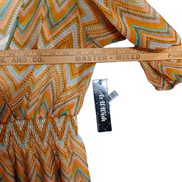AS U WISH Colorful Chevron Stripe Print Brown Blue Smocked Dress Small NWT - Picture 7 of 11
